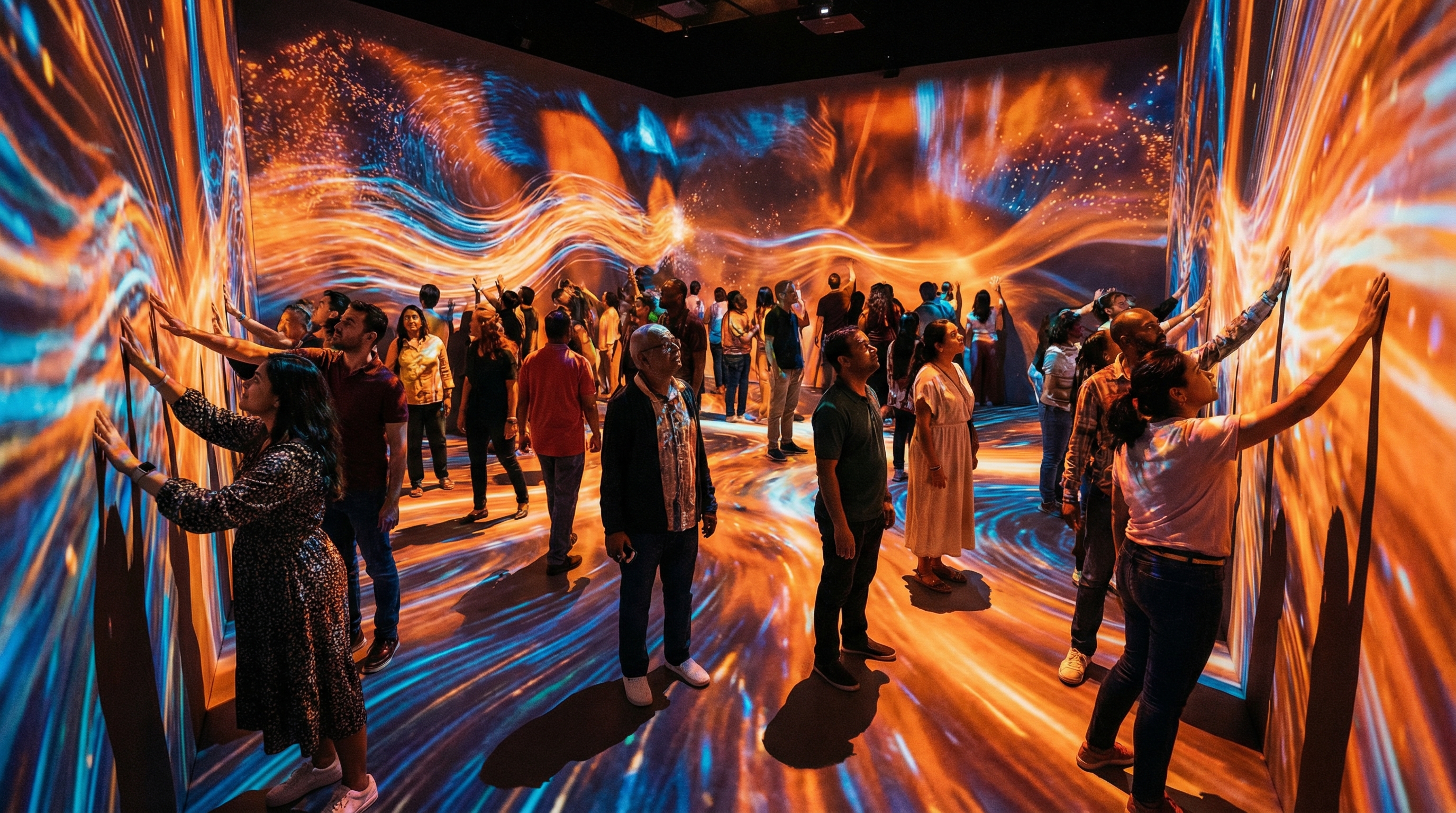 Visitors immersed in a digital art installation
